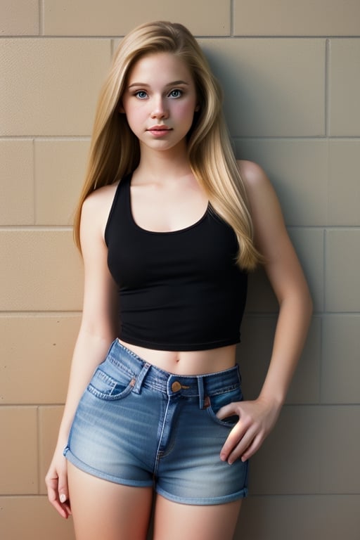 An American girl with long blonde hair wearing a tank top and jeans shorts posed against a wall for a photo.