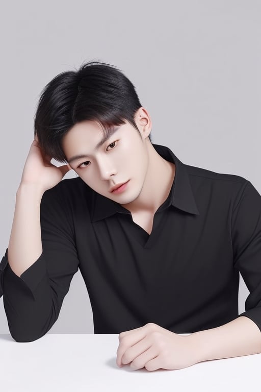 A young Chinese man, 28 years old, handsome, wearing a black shirt.