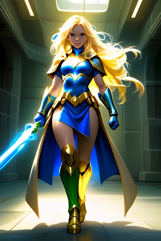 Superhero cosplay, a blond-haired woman with a good figure, wearing a blue and gold aluminum skirt, green high boots, her left hand holding a glowing white sword.