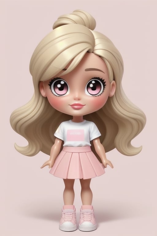 A western Barbie doll with a cute face and blonde hair with a big pink clip. Wear a white shirt and a short pink skirt. white sneakers Pastel pink background