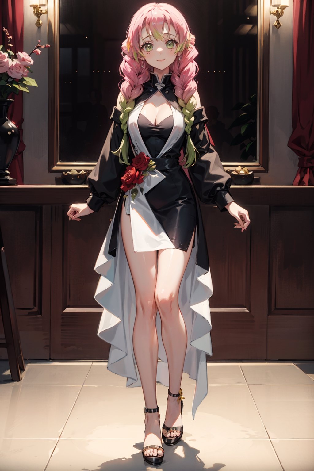 bbmitsuri, (mole under eye: 0.8), long hair, multi-colored hair, twin braids, bangs, (black jacket: 1.2), elegant ballroom, white dress, (Elegant dress:1.2) dress long mermaid cut, long sleeves, wide sleeves, heels, closed mouth, medium smile, looking at viewer, breasts, standing