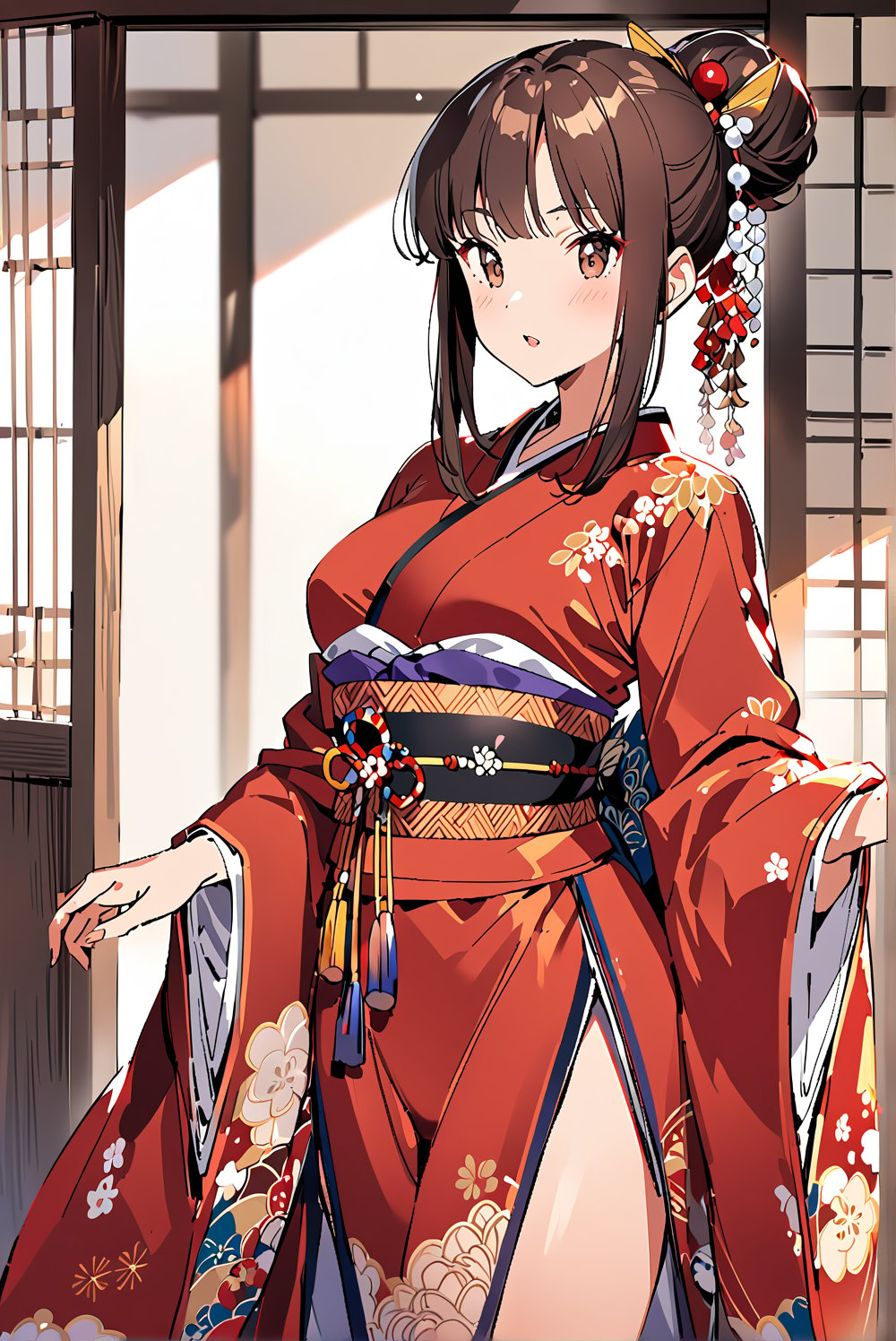 1girl, solo,,Giboshi Matoi(Kochikame)
brown hair, long hair, hair_bun,
brown Eyes,
medium_breasts, narrow_waist, buttock,


geisha, oiran,

japanese clothes, kimono, 
long sleeves, wide sleeves,
long kimono_skirt, cover thighs,
hairpin,hair beads,

make up,lipstick,rouge,blush,
Edo(Japanese period),

kimono,indoor,
scenery,

happy,

Masterpiece, 4K, ultra detailed,
anime style, 
more detail XL, SFW, 
depth of field,