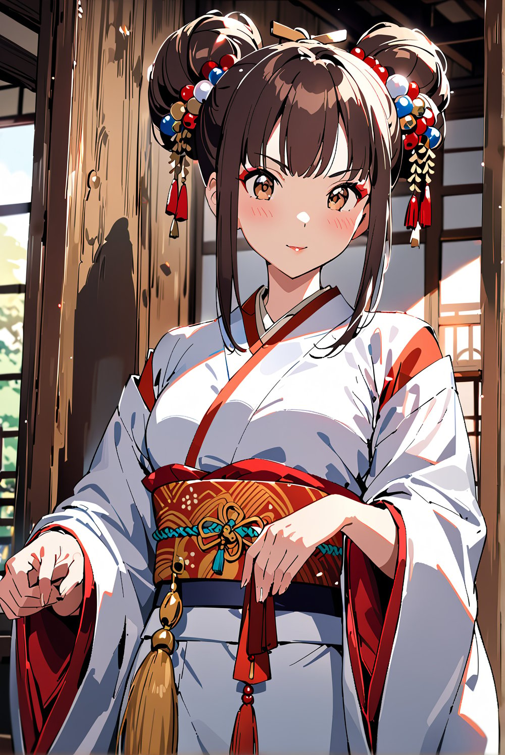 1girl, solo,,Giboshi Matoi(Kochikame)
brown hair, long hair, hair_bun,
brown Eyes,
medium_breasts, narrow_waist, buttock,


geisha, oiran,

japanese clothes, kimono, 
long sleeves, wide sleeves,
kimono_skirt,
hairpin,hair beads,

make up,lipstick,rouge,blush,
Edo(Japanese period),

kimono,indoor,
scenery,

happy,

Masterpiece, 4K, ultra detailed,
anime style, 
more detail XL, SFW, 
depth of field,