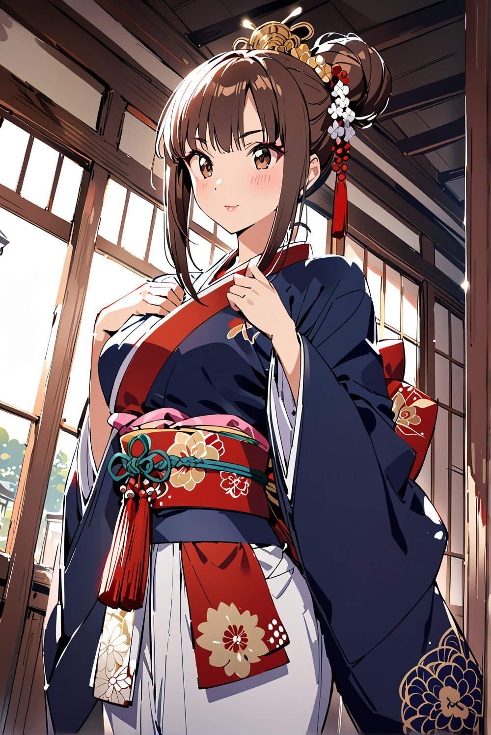 1girl, solo,,Giboshi Matoi(Kochikame)
brown hair, long hair, hair_bun,
brown Eyes,
medium_breasts, narrow_waist, buttock,


geisha, oiran,

japanese clothes, kimono, 
long sleeves, wide sleeves,
kimono_skirt,
hairpin,hair beads,

make up,lipstick,rouge,blush,
Edo(Japanese period),

kimono,indoor,
scenery,

happy,

Masterpiece, 4K, ultra detailed,
anime style, 
more detail XL, SFW, 
depth of field,