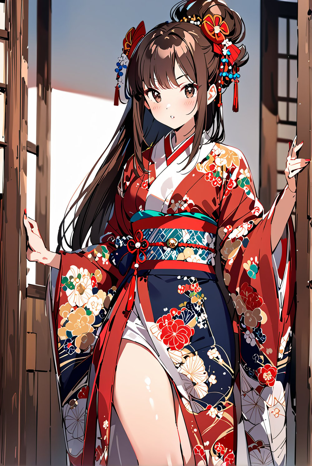 1girl, solo,,Giboshi Matoi(Kochikame)
brown hair, long hair, hair_bun,
brown Eyes,
medium_breasts, narrow_waist, buttock,


geisha, oiran,

japanese clothes, kimono, 
long sleeves, wide sleeves,
long kimono_skirt, cover thighs,
hairpin,hair beads,

make up,lipstick,rouge,blush,
Edo(Japanese period),

kimono,indoor,
scenery,

happy,

Masterpiece, 4K, ultra detailed,
anime style, 
more detail XL, SFW, 
depth of field,