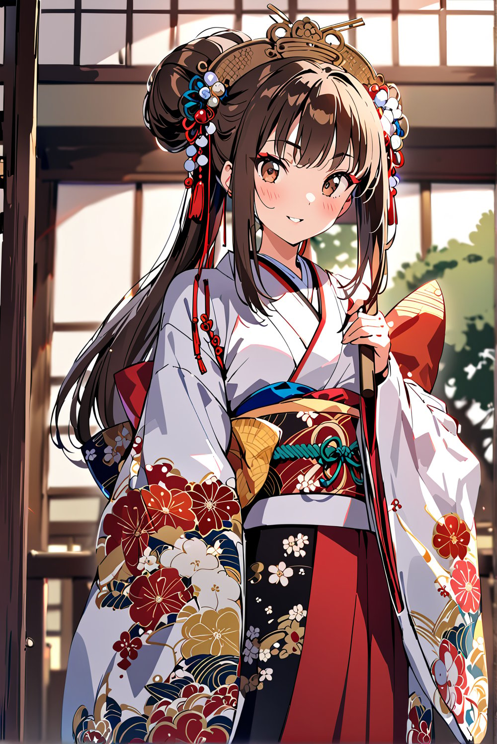 1girl, solo,,Giboshi Matoi(Kochikame)
brown hair, long hair, hair_bun,
brown Eyes,
medium_breasts, narrow_waist, buttock,


geisha, oiran,

japanese clothes, kimono, 
long sleeves, wide sleeves,
kimono_skirt,
hairpin,hair beads,

make up,lipstick,rouge,blush,
Edo(Japanese period),

kimono,indoor,
scenery,

happy,

Masterpiece, 4K, ultra detailed,
anime style, 
more detail XL, SFW, 
depth of field,