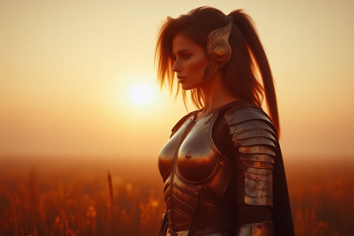 AngelDreamFlux, The image features a woman in a warrior costume, complete with a helmet, standing in a field under a beautiful sunset. The woman appears to be the main subject of the photo, with the golden helmet emphasizing her character as a warrior. The background consists of the sky and the field, providing a serene and natural setting for the scene. The combination of the woman's costume, the warrior theme, and the stunning sunset creates a captivating and visually appealing image.