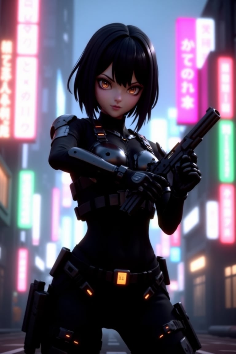 A 28-year-old European woman with sleeved black hair and striking hazel eyes stands in a dynamic action pose, rendered in a 3D animation style with anime influences. She is a cyborg gothic hybrid, blending human and android features seamlessly. Dressed in a harness with a holster, she carries a handgun, ready for action. The scene is set in a cyberpunk cityscape of Tokyo, Japan, with vibrant neon lights and a glowing sign displaying the text "80K! Thank you all." The image is captured from a low-angle shot, enhancing the intensity of the moment, with depth of field emphasizing her powerful presence. The environment is rich in fantasy details, yet photorealistic, creating a stunning contrast between the futuristic setting and the beautiful woman at its center.