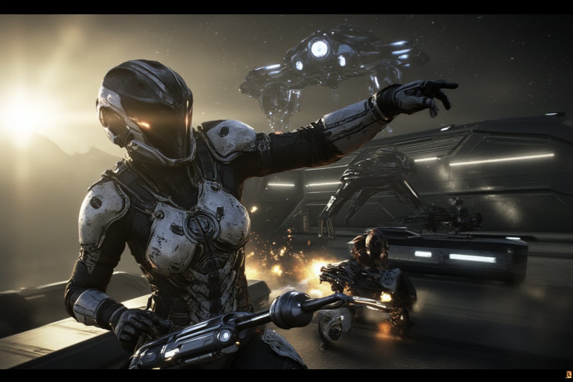 FuturisticWarrior style,,This image portrays (((amarr haevy))), (((gallente dropship ))) in the background