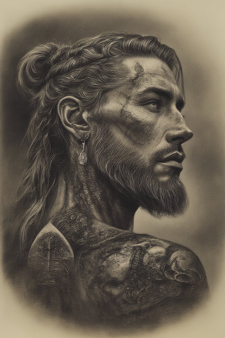 art by Masamune Shirow,art by boris vallejo, art by tavita niko, art by simon bisley, a full facial tattoo, a masterpiece, stunning beauty, shaved hair, tribal viking motifs, hair in braids, facial piercings, earrings, a proud viking warrior, 