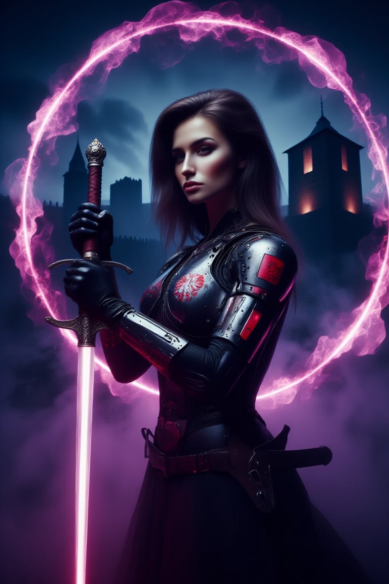 (A cinematic shot of a beautiful polish female dancer, detailed face features, black hair, robotic arms, robotic legs, holding a purple glowing katana by the handle in attacking pose, purple fire around the katana blade, best quality, amazing details, temple in background:1.2), polishswordsman