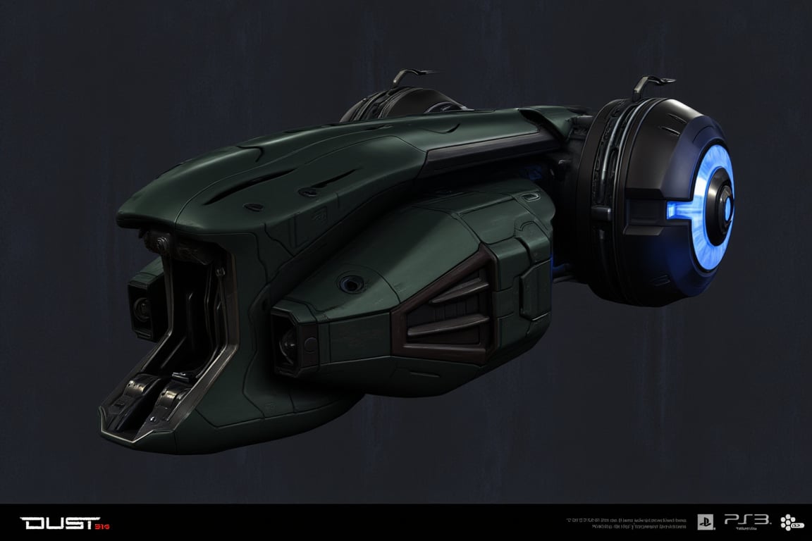 FuturisticWarrior style,, The image is a digital illustration of a futuristic gallente dropship. The  gallente dropship is in the center of the image and is facing towards the left side. It has a sleek, metallic design with a dark green and black color scheme. The body of the  gallente dropship has a large, angular shape with a pointed nose and a pointed tail. On the right side of the body, there is a large circular wheel with a blue light emanating from it. The wheel is connected to the body by a thin metal rod. The background is a dark, textured surface with a rough, uneven texture. The word "DUST" is written in bold white letters at the bottom of the illustration.