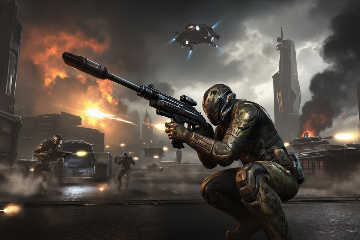 FuturisticWarrior style,, The image is a digital illustration of a futuristic scene. It shows a galente assault in a crouched position, holding a large rifle with a long barrel. The gallente assault is wearing a camouflage uniform with a helmet . The background shows a futuristic cityscape with tall buildings and explosions. The sky is filled with dark clouds and there is a large explosion in the distance. A dropship is flying above the scene. The overall mood of the image is chaotic and intense.