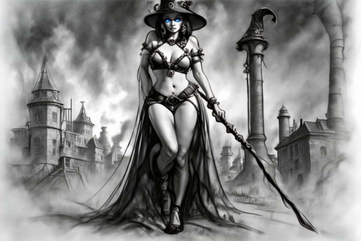 female charcoal art, best quality, masterpiece, ((steampunk witch)), holding a staff, confident stance, revealing clothes with corest, intricate gears and cogs, glowing blue eyes, standing in a smoky industrial landscape, Victorian-era buildings in the background, twilight sky, dramatic lighting, high resolution, highly detailed,