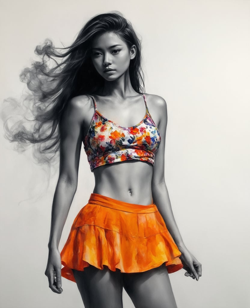 Caldari, charcoal, A portrait of a beautiful young Thai woman painted with the delicate technique of Chinese alcohol ink. She is wearing a cool summer floral undershirt, with long flowing hair, and a small skirt with a bright orange color that shows off her legs. This is a full-body close-up, emphasizing her beautiful figure and the white porcelain texture of her skin. She stands quietly in the crowd, surrounded by a mysterious smoke. The painting is dominated by vivid colors, realistic techniques, and cinematic lighting effects. The ink-play technique emphasizes the dynamism and tension of the painting, creating a lively yet mysterious and violent atmosphere., alcochse