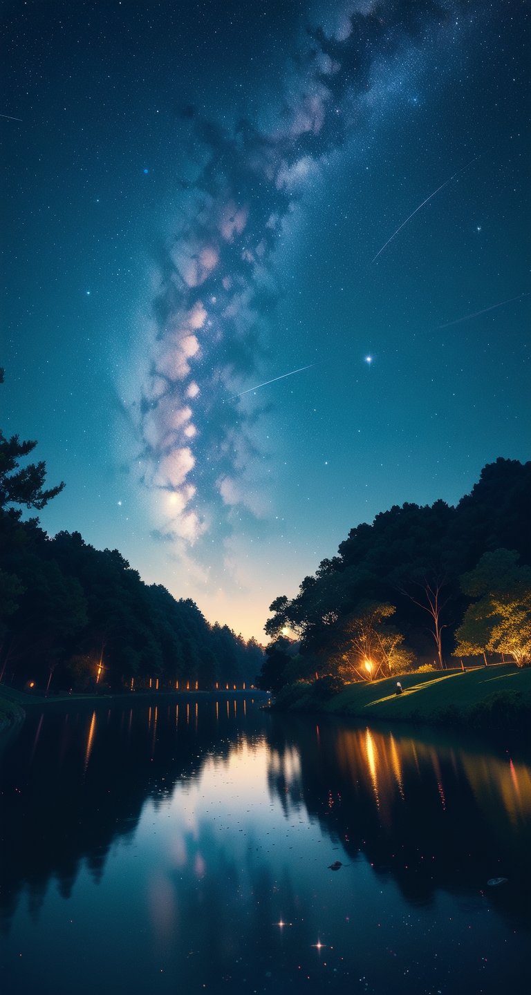 master part, gorgeous, Landscape, (((DDIM_HumaDDIMs))), Noite, flor, Jardim, Starry sky, constellations, atordoante, vista, water, quente, aconchegante, peaceful, Meteoro, cosmico, Magic, magia, particuls, Justo, ((Pirilampos))