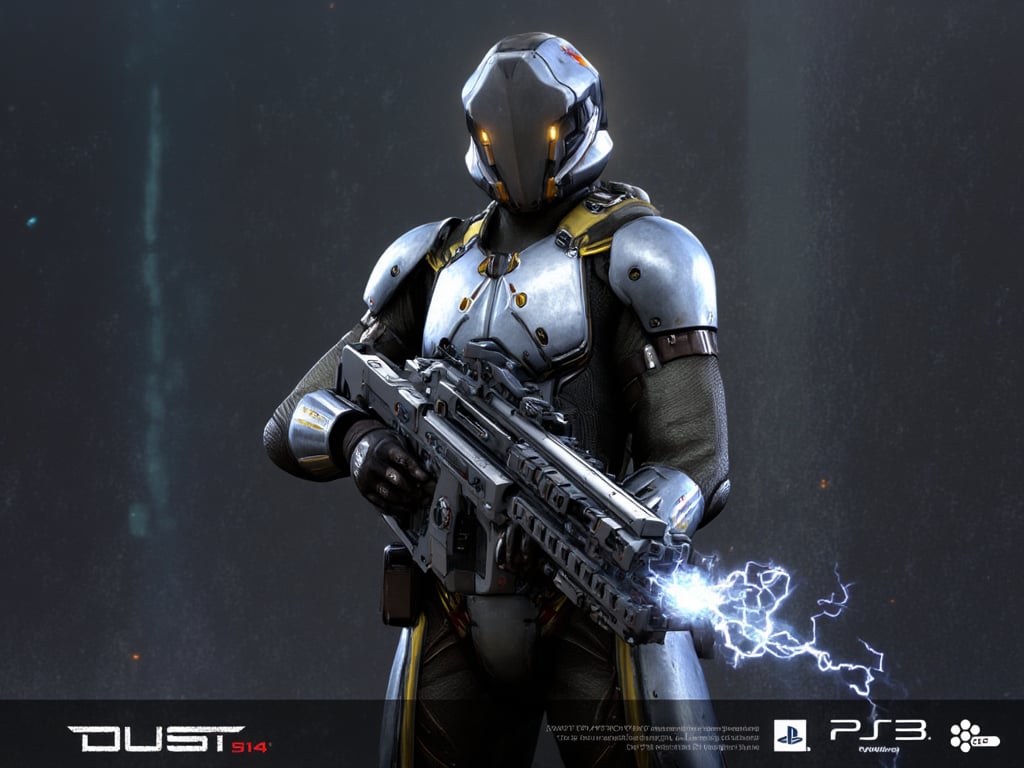 FuturisticWarrior style,,This image portrays amarr heavy, heavily armored in a high-tech, metallic exosuit. The armor is more bulky and robust, with intricate layers of plating in a silver and gray color scheme, accented by glowing yellow lines that give the suit a powerful, advanced look. The amarr heavy dropsuit's helmet is large and features a visor, adding to their intimidating presence. They are wielding an oversized, forge gun, with visible energy crackling near its muzzle, indicating it may be some kind of advanced energy. The overall scene is dark and gritty, with the background mostly obscured, adding a mysterious atmosphere. The amarr heavy's stance is firm, with both hands gripping the weapon as if preparing for combat. The "DUST 514" and PlayStation 3 logos at the bottom suggest this is part of a promotional image for the game.