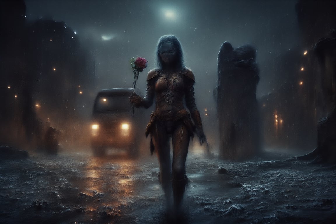 AngelDreamFlux, The image features a woman with angel wings, dressed in a warrior costume, walking down a rain-soaked street at night. She is carrying a glowing rose, which is prominently displayed in her hand. In the background, there is a large truck, possibly a semi, partially visible on the road. The combination of the angel wings, warrior attire, and the truck in the background creates a unique and intriguing scene.