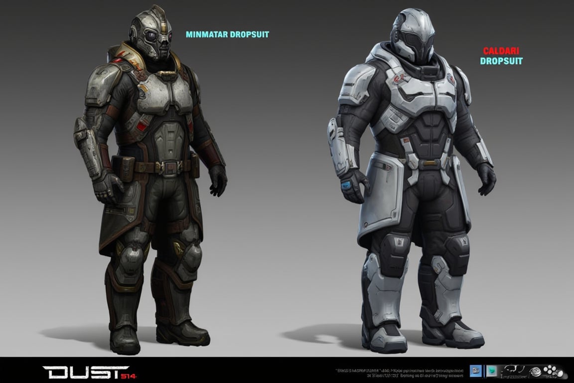 FuturisticWarrior style,, The image is a digital illustration of a futuristic (((minmatar dropsuit))) on the right and (((caldari dropsuit))) on the left. The word "DUST514" is written in bold white letters at the bottom of the illustration.