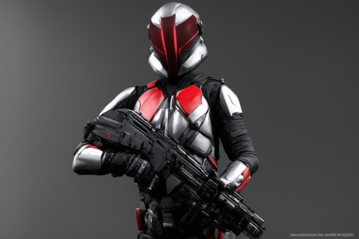 The image features a close-up of a person in a silver and red outfit, possibly a soldier, holding a gun. The person is wearing a helmet, which is the main focus of the image. The helmet is likely designed for protection during combat or other hazardous situations. The outfit, which appears to be a combination of a soldier's uniform and a futuristic look, gives the impression that the person might be from a world where advanced technology is integrated into everyday life.