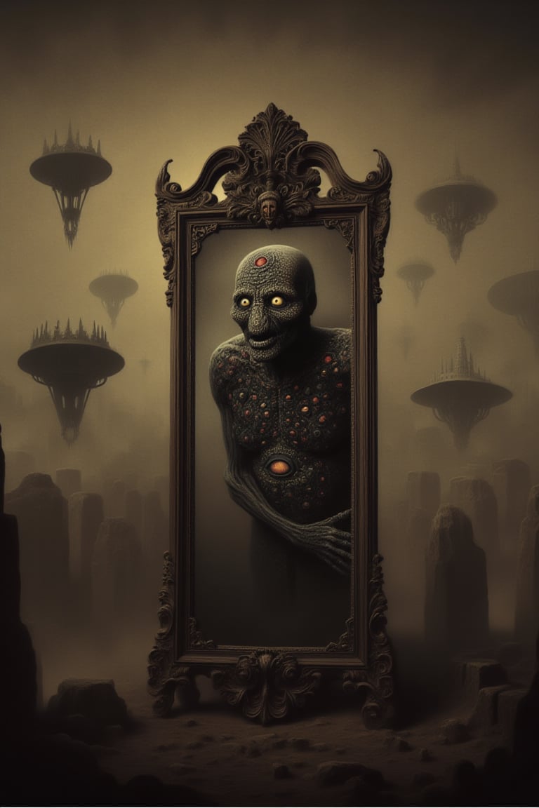 a surreal image of a grotesque humanoid creature with hundreds of eyes on its body crawling out of an antique mirror, antique mirror stands in a bizarre landscape with flying islands and absurd creatures, concept artwork by Hieronymus Bosch, Egon Schiele and Noddegamra, grey-brown colors, detailed surreal painting, trending on Midjourney, intricate shadows, splendid, masterpiece, stunning, splendid, masterpiece, 8k resolution 