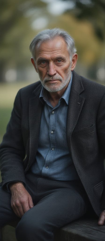 portrait photo of an old man, sitting on a bench at a park,  rim lighting, studio lighting, looking at the camera, dslr, ultra quality, sharp focus, tack sharp, dof, film grain, Nikon D850, crystal clear, 8K UHD, highly detailed glossy eyes, high detailed skin, skin pores, detailed wrinkles, detailed skin blemishes, age affects clear on his face