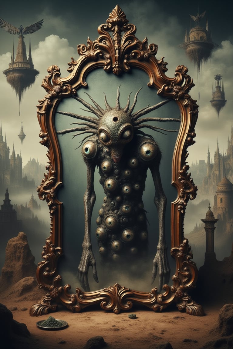 a surreal image of a grotesque humanoid creature with hundreds of eyes on its body crawling out of an antique mirror, antique mirror stands in a bizarre landscape with flying islands and absurd creatures, concept artwork by Hieronymus Bosch, Egon Schiele and Noddegamra, grey-brown colors, detailed surreal painting, trending on Midjourney, intricate shadows, splendid, masterpiece, stunning, splendid, masterpiece, 8k resolution 