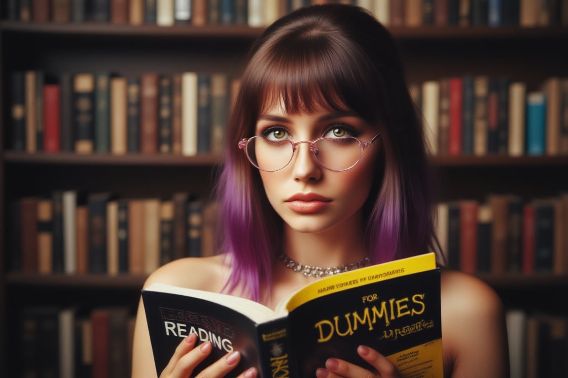 Closeup professional photo, shallow depth of field. Elegant 21 year old woman eyes looking over the top of open yellow/black for dummies book in her hands. Book title reads "READING for Dummies", black and yellow. She is wearing side swept bangs violet hair, pink glasses, decorative choker, nose piercing, heavy eyelashes. In the back there are wall of books, lit by dusty sunlight.