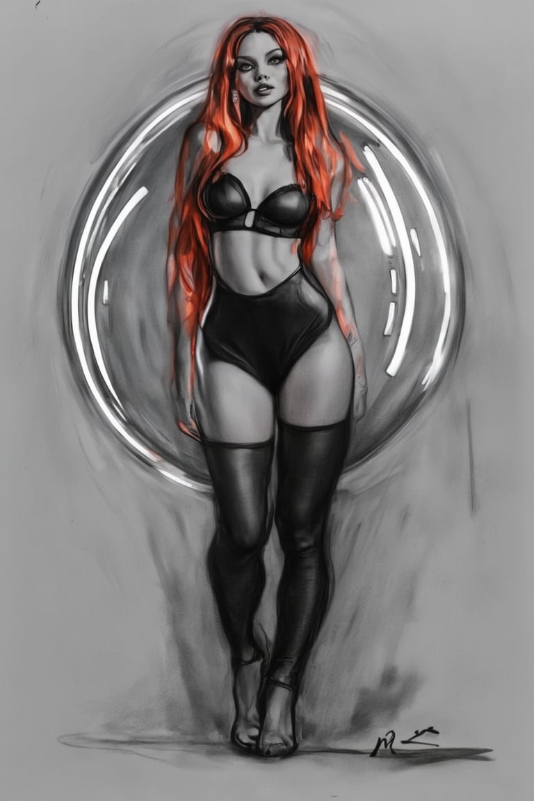 extremely beautiful, (highly detailed, intricately detailed), (alluring eyes), (1woman), small waist, (long straight autumn red hair), wearing black stretchy jumpsuit, standing with neon lights on the front of her body, a rotating glass sphere producing rays of light.,female charcoal art, bottom sign "Pls, remix me!"