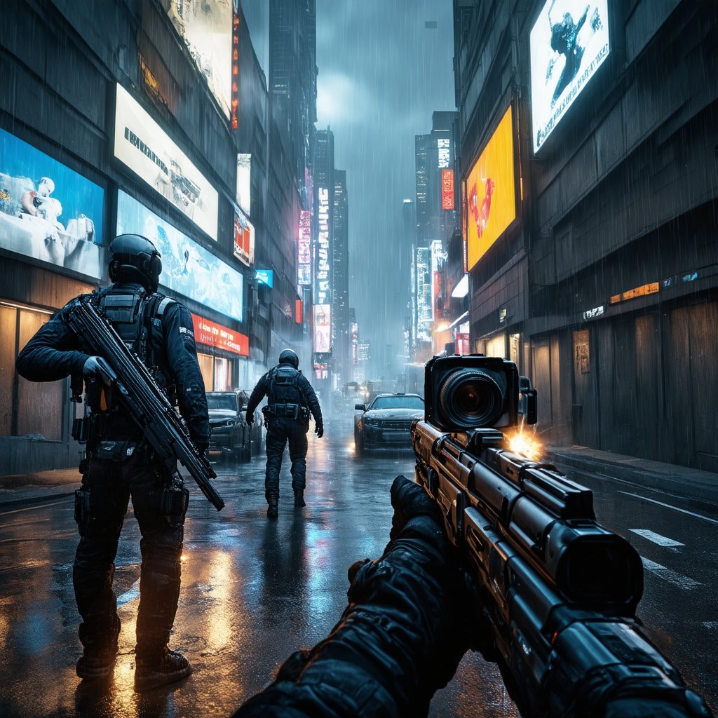 Hyper-realistic FPS game screenshot, body cam-style POV. Gritty cyberpunk cityscape - neon signs, holographic ads, rain-slicked streets. Armed enemies in high-tech gear taking cover behind futuristic vehicles. Weapon visible at bottom of frame, holographic HUD overlay. Muzzle flashes, bullet impacts. Slight camera shake for realism. Steam rising from vents. Lens flares from neon. Grime and scratches on camera lens. Intense, immersive atmosphere