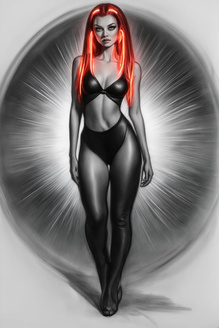 extremely beautiful, (highly detailed, intricately detailed), (alluring eyes), (1woman), small waist, (long straight autumn red hair), wearing black stretchy jumpsuit, standing with neon lights on the front of her body, a rotating glass sphere producing rays of light.,female charcoal art