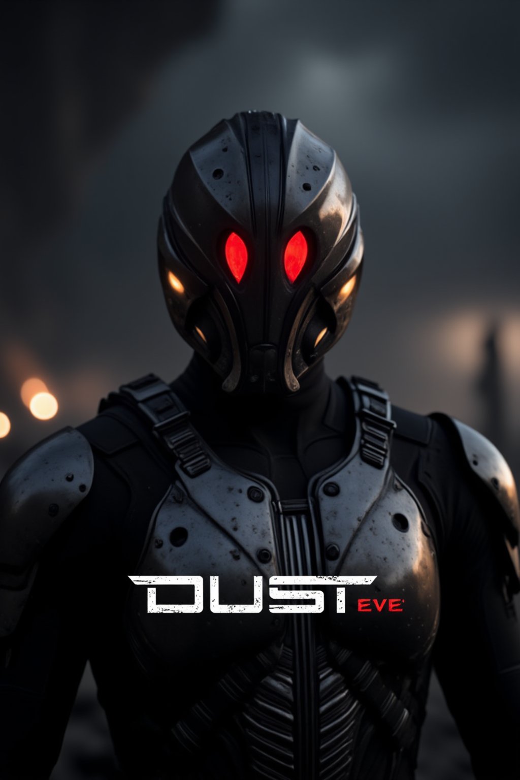 FuturisticWarrior style,, The image is a digital art piece that appears to be a futuristic or sci-fi scene. It shows a close-up of a gallente assault's head and upper body, with a metallic armor-like appearance. The gallente assault's face is covered in red eyes, giving it a futuristic and ominous look. The background is a dark, cloudy sky with a hint of smoke or dust. The overall mood of the image is dark and ominous. The word "DUST" is written in white text on the bottom right corner, with the word "EVE" in a larger font size than the rest of the text.