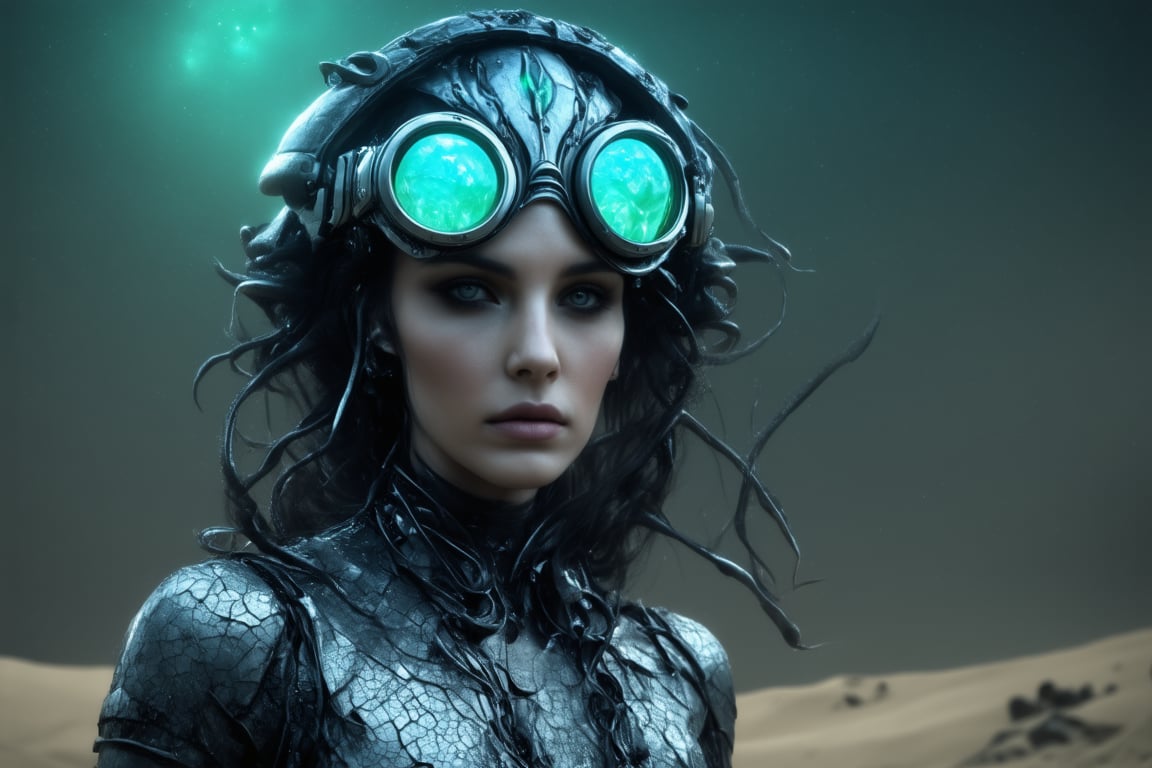 Ethereal cyborg woman, bioluminescent jellyfish headdress. Steampunk goggles blend with translucent tentacles. Cracked porcelain skin meets iridescent scales. Mechanical implants and delicate tendrils intertwine. Human features with otherworldly glow. Dreamy aquatic hues contrast weathered metal. Reflective eyes capture unseen worlds. Soft bioluminescence meets harsh desert backdrop. Fusion of organic and synthetic, ancient and futuristic. Hyper-detailed textures, surreal atmosphere.

