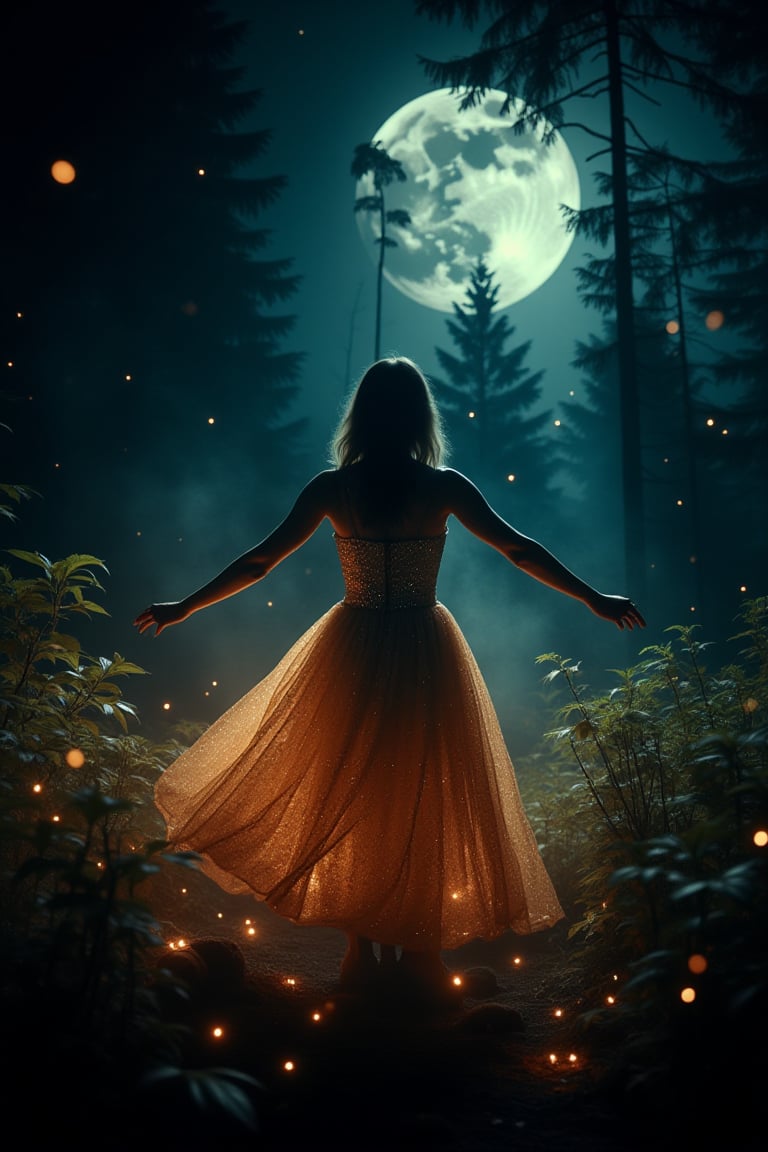 (( film grain, cinematic film still, RAW photo, vintage aesthetic, grainy, niosy, gritty, grunge, vintage paper, extremely detailed, )) . . Photo of a woman dancing in a dark forest, lit by the light of a full moon, she is wearing a sparkling gold dress, many plants are shining, The plant gave off light, there were lots of fireflies, the woman really enjoyed her dance. . Fantasy detailers
