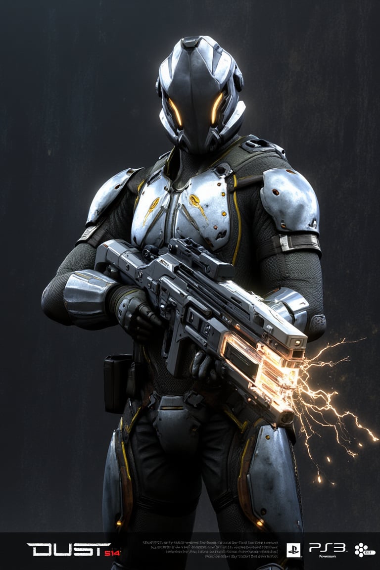 FuturisticWarrior style,,This image portrays amarr haevy, heavily armored in a high-tech, metallic exosuit. The armor is more bulky and robust, with intricate layers of plating in a silver and gray color scheme, accented by glowing yellow lines that give the suit a powerful, advanced look. The soldier's helmet is large and features a visor, adding to their intimidating presence. They are wielding an oversized, forge gun, with visible energy crackling near its muzzle, indicating it may be some kind of advanced energy. The overall scene is dark and gritty, with the background mostly obscured, adding a mysterious atmosphere. The amarr haevy's stance is firm, with both hands gripping the weapon as if preparing for combat. The "DUST 514" and PlayStation 3 logos at the bottom suggest this is part of a promotional image for the game.
