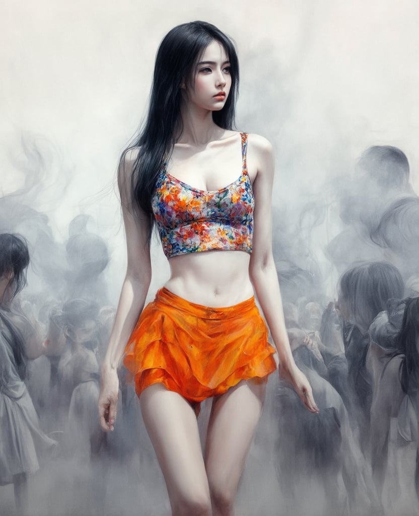 by Junji Ito, A portrait of a beautiful young Thai woman painted with the delicate technique of Chinese alcohol ink. She is wearing a cool summer floral undershirt, with long flowing hair, and a small skirt with a bright orange color that shows off her legs. This is a full-body close-up, emphasizing her beautiful figure and the white porcelain texture of her skin. She stands quietly in the crowd, surrounded by a mysterious smoke. The painting is dominated by vivid colors, realistic techniques, and cinematic lighting effects. The ink-play technique emphasizes the dynamism and tension of the painting, creating a lively yet mysterious and violent atmosphere., alcochse