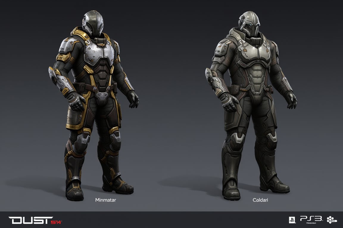 FuturisticWarrior style,, The image is a digital illustration of a futuristic (((minmatar dropsuit))) on the right and (((caldari dropsuit))) on the left. The word "DUST514" is written in bold white letters at the bottom of the illustration.