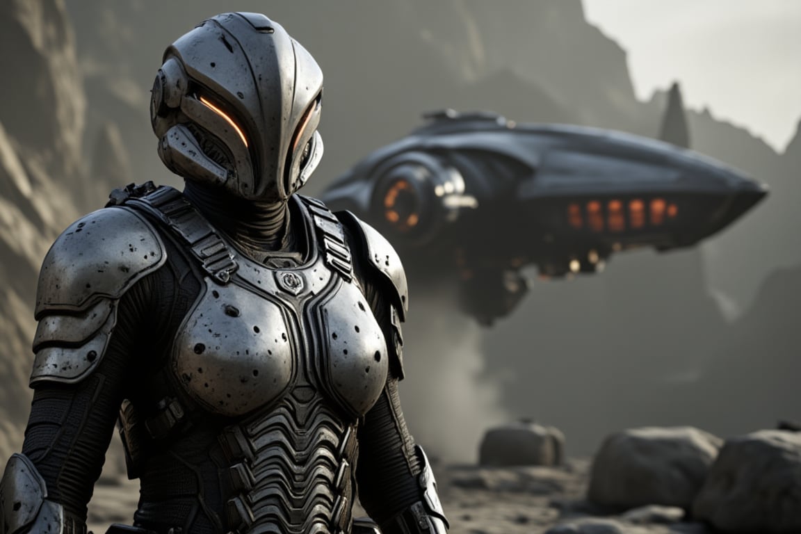 FuturisticWarrior style,,This image portrays (((amarr haevy))), heavily armored in a high-tech, metallic exosuit. (((gallente dropship ))) in the background