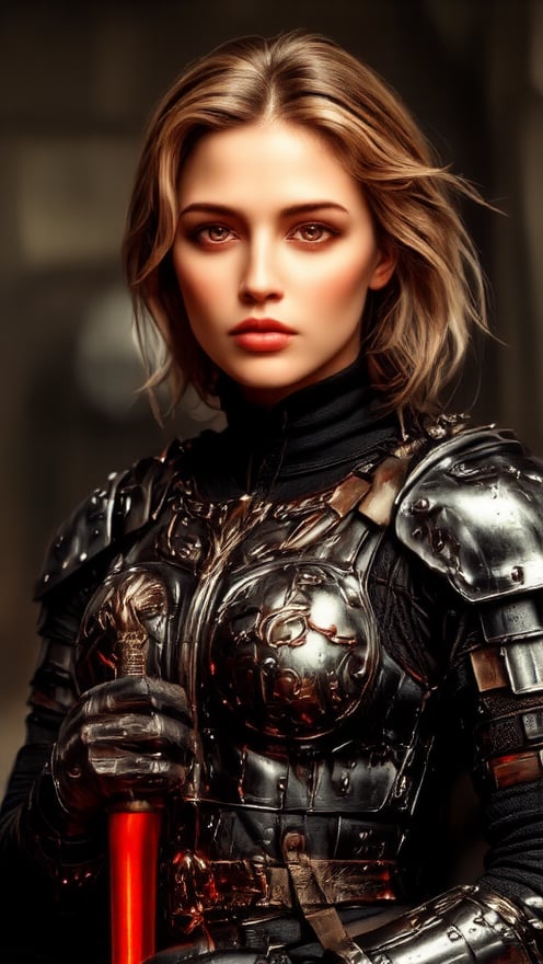 A cinematic portrait of a fearless medieval warrior woman: Amidst foreboding darkness, her determined gaze illuminates the desolate landscape as she strides forward, red lightsaber in her steady hand, casting warm golden light on her blonde short hair and intricate armor patterns that gleam amidst the misty veil. Her finely detailed face, with beautiful delicate eyes and nose, is the focal point of the image. The cinematic composition features a stunning shadow that accentuates her facial features. Her passionate smile and dynamic pose convey unwavering courage, as hints of malevolent demons lurk in shadows, their dark silhouettes contrasting with the soft idyllic background whispers ancient mysticism.