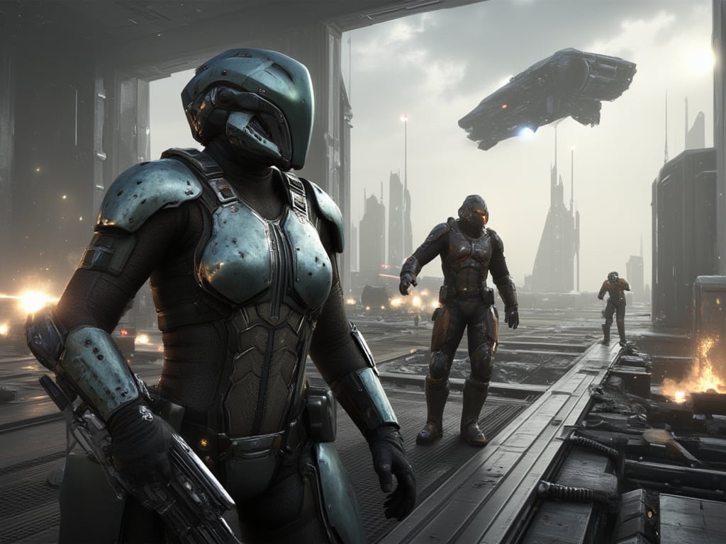  FuturisticWarrior style,,close up ((amarr heavy)) dropsuit and ((caldari LAV)) on the destroyed bridge, ((gallente dropship)) on the sky