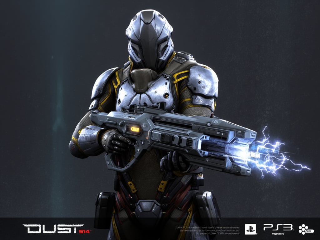 FuturisticWarrior style,,This image portrays amarr heavy, heavily armored in a high-tech, metallic exosuit. The armor is more bulky and robust, with intricate layers of plating in a silver and gray color scheme, accented by glowing yellow lines that give the suit a powerful, advanced look. The amarr heavy dropsuit's helmet is large and features a visor, adding to their intimidating presence. They are wielding an oversized, forge gun, with visible energy crackling near its muzzle, indicating it may be some kind of advanced energy. The overall scene is dark and gritty, with the background mostly obscured, adding a mysterious atmosphere. The amarr heavy's stance is firm, with both hands gripping the weapon as if preparing for combat. The "DUST 514" and PlayStation 3 logos at the bottom suggest this is part of a promotional image for the game.