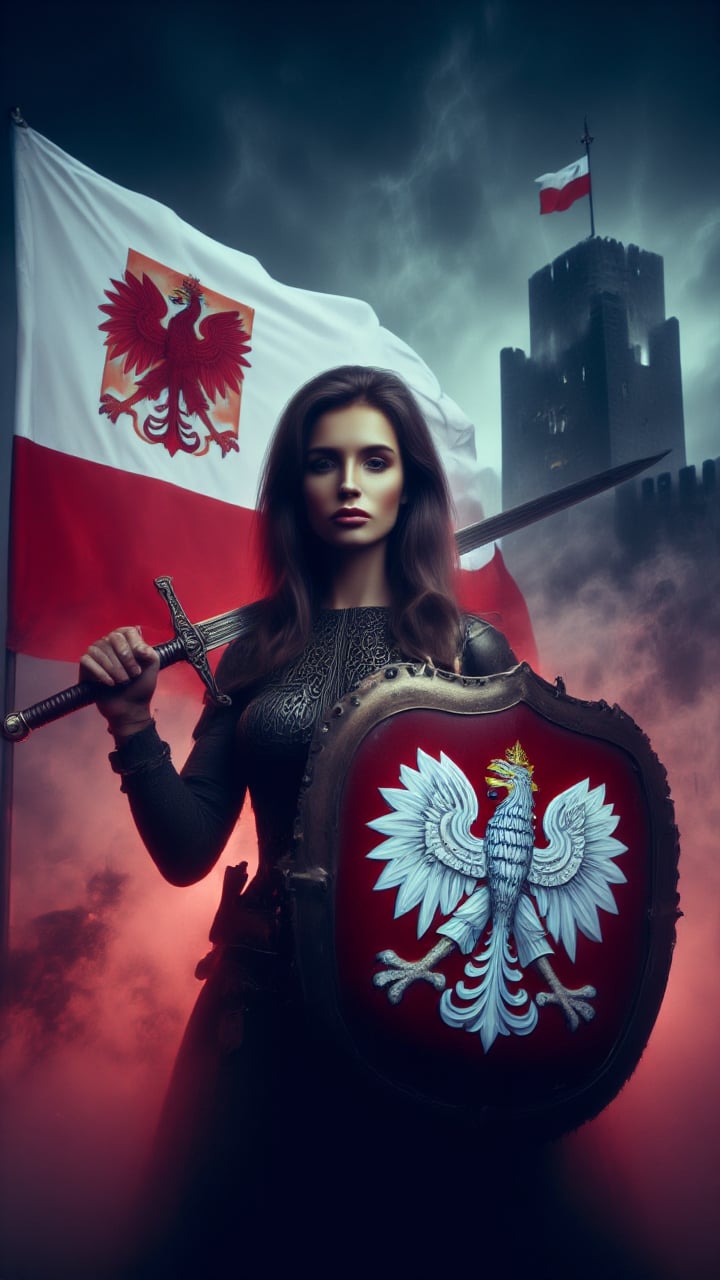 female with polish eagle on the shield, holding long sword, polish flag on the tower, battlefield in the background,polishswordsman