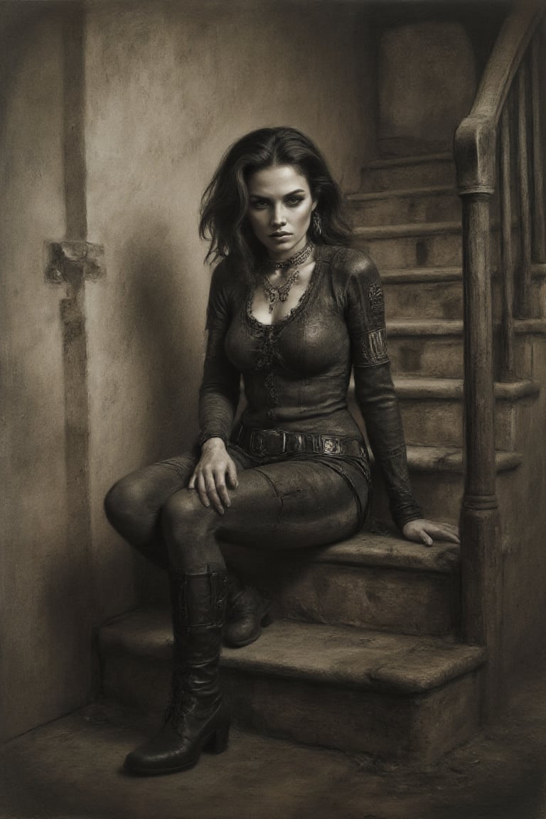 charocalflux style,   a rebellious brunette woman sitting on an ancient staircase, her intense expressions and fine details accentuated by her grunge- and punk-inspired clothing, which mixes 1800s-era clothing with ragged lines. This unique fusion of styles, which includes elements of film, fashion, posters, and dark fantasy, creates an evocative atmosphere that transports the viewer to a different time and place, seamlessly blending multiple artistic disciplines into a striking visual masterpiece., typography, fashion, portrait photography, architecture, graffiti