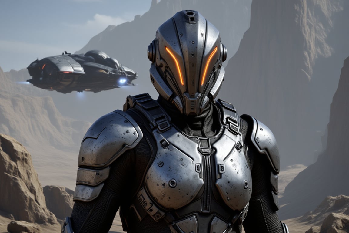 FuturisticWarrior style,,This image portrays (((amarr haevy))), heavily armored in a high-tech, metallic exosuit. (((gallente dropship ))) in the background