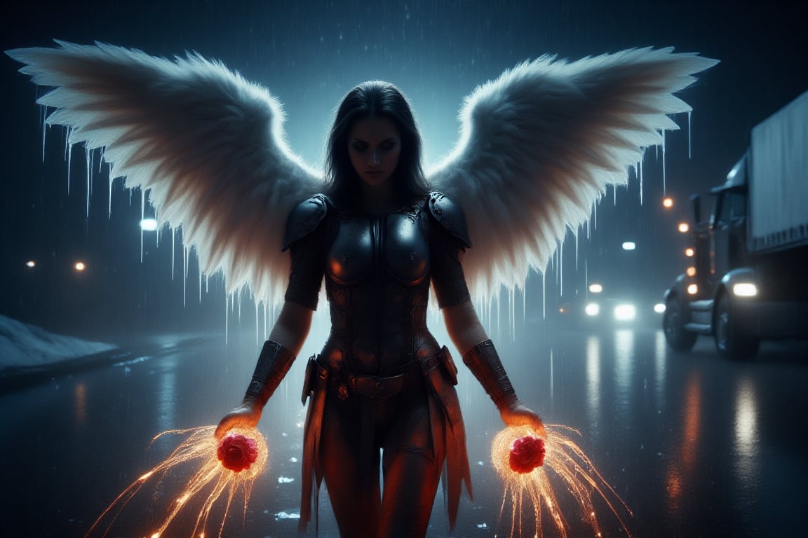 The image features a woman with angel wings, dressed in a warrior costume, walking down a rain-soaked street at night. She is carrying a glowing rose, which is prominently displayed in her hand. In the background, there is a large truck, possibly a semi, partially visible on the road. The combination of the angel wings, warrior attire, and the truck in the background creates a unique and intriguing scene. 8k uhd, dslr, raw, hdr,IllustratorFlux  style