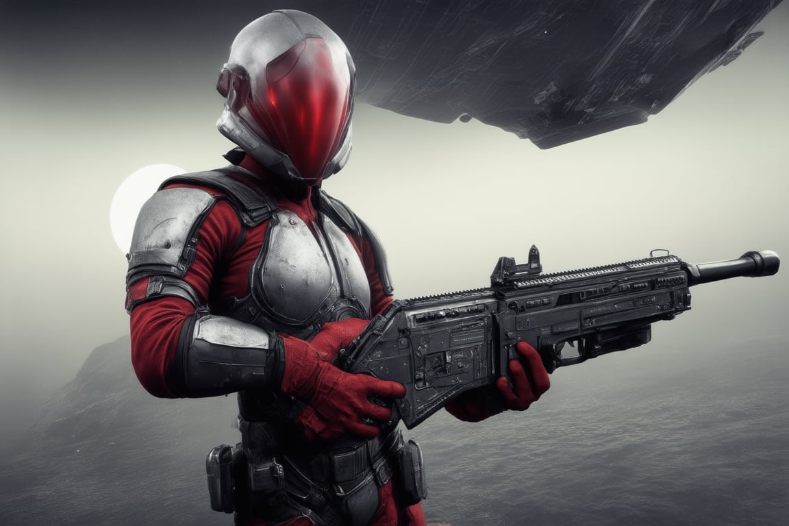 The image features a close-up of a person in a silver and red outfit, possibly a soldier, holding a gun. The person is wearing a helmet, which is the main focus of the image. The helmet is likely designed for protection during combat or other hazardous situations. The outfit, which appears to be a combination of a soldier's uniform and a futuristic look, gives the impression that the person might be from a world where advanced technology is integrated into everyday life. futuristic space battleship in the background