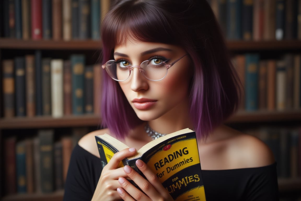 Closeup professional photo, shallow depth of field. Elegant 21 year old woman eyes looking over the top of open yellow/black for dummies book in her hands. Book title reads "READING for Dummies", black and yellow. She is wearing side swept bangs violet hair, pink glasses, decorative choker, nose piercing, heavy eyelashes. In the back there are wall of books, lit by dusty sunlight.