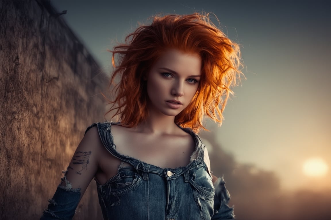 A striking portrait of a young redheaded woman in the style of Lee Jeffries. Her intense, intimate gaze pierces the viewer, framed by tousled red hair. She wears distressed denim that hints at her sensuality without being explicit. The background suggests a gritty urban environment at dawn, with a surreal, dreamy quality. Dramatic lighting creates sharp contrasts between warm and cool tones, emphasizing the texture of her skin and clothing. Hyper-detailed close-up, high contrast, mix of sharp focus and ethereal softness, emotional intensity in the expression.