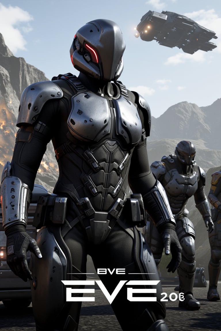  FuturisticWarrior style,,close up ((amarr heavy)) dropsuit and ((caldari LAV)) on the destroyed bridge, ((gallente dropship)) on the sky.The word "Aderek Studio" is written in white text on the bottom right corner, with the word "EVE" in a larger font size than the rest of the text.