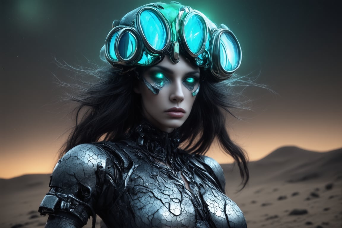 Ethereal cyborg woman, bioluminescent jellyfish headdress. Steampunk goggles blend with translucent tentacles. Cracked porcelain skin meets iridescent scales. Mechanical implants and delicate tendrils intertwine. Human features with otherworldly glow. Dreamy aquatic hues contrast weathered metal. Reflective eyes capture unseen worlds. Soft bioluminescence meets harsh desert backdrop. Fusion of organic and synthetic, ancient and futuristic. Hyper-detailed textures, surreal atmosphere.

